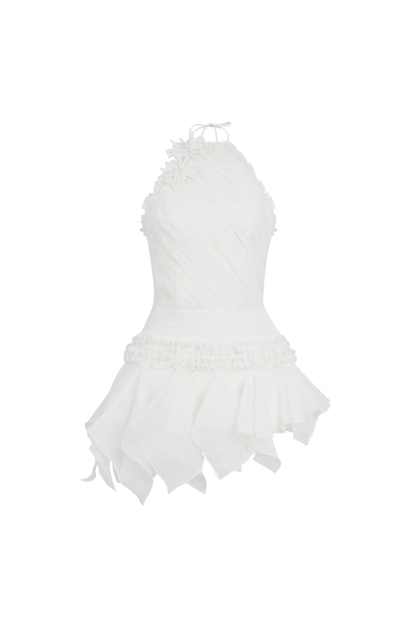 astrid Halter neck 3D flower lace puffy mini dress in white