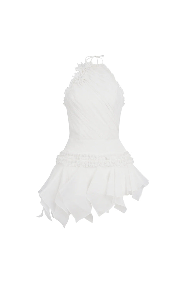 astrid Halter neck 3D flower lace puffy mini dress in white