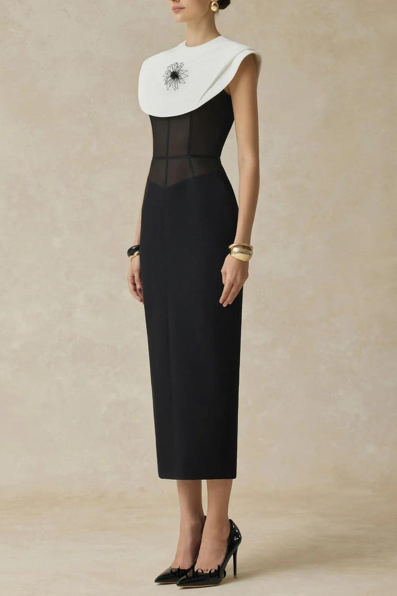 bernice black sleeveless Midi Dress With White Cape