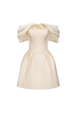 embroidery A-line Off-Shoulder Polyester Mini Dress in beige