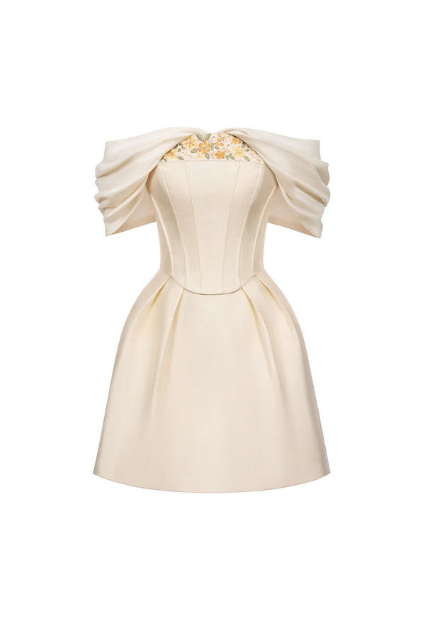 embroidery A-line Off-Shoulder Polyester Mini Dress in beige