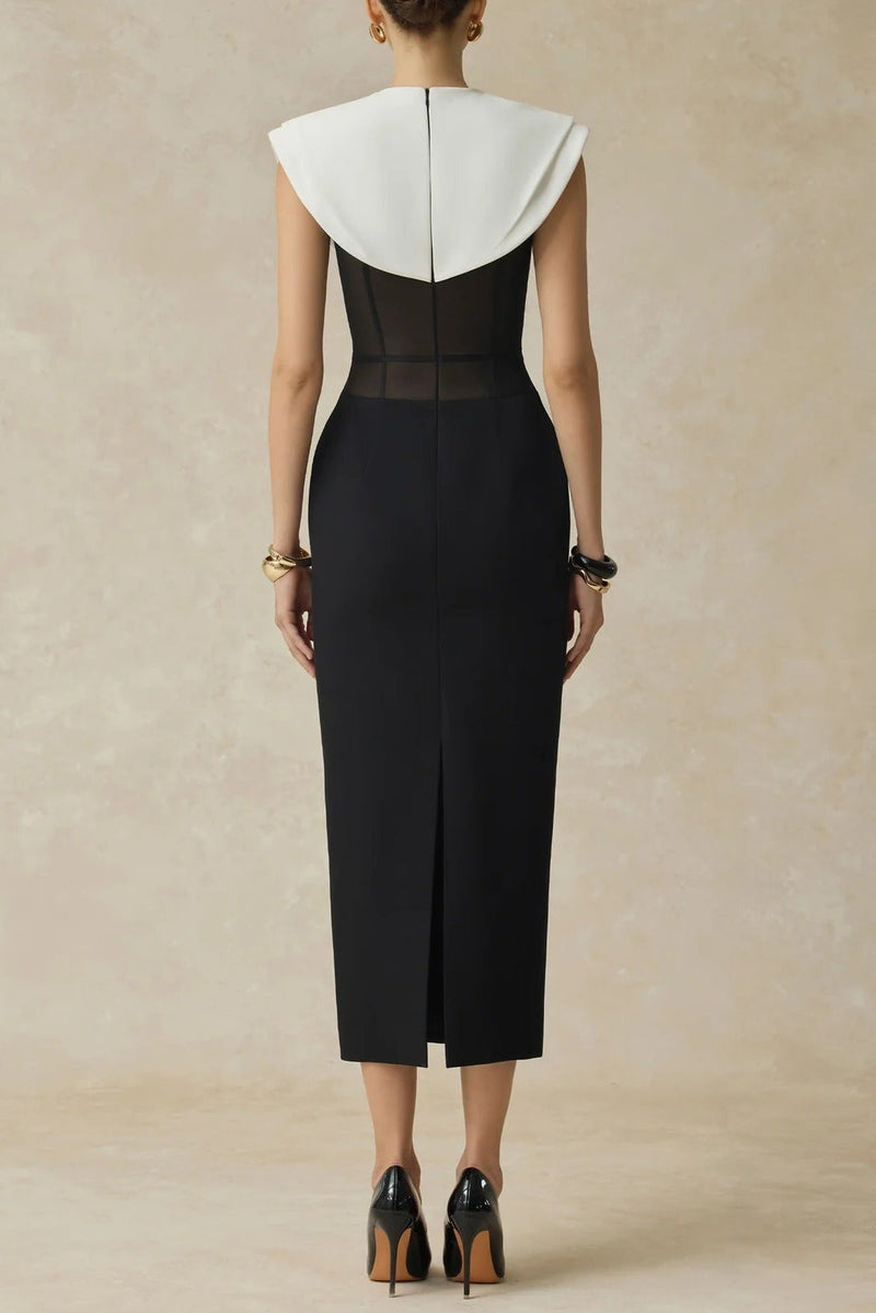 bernice black sleeveless Midi Dress With White Cape