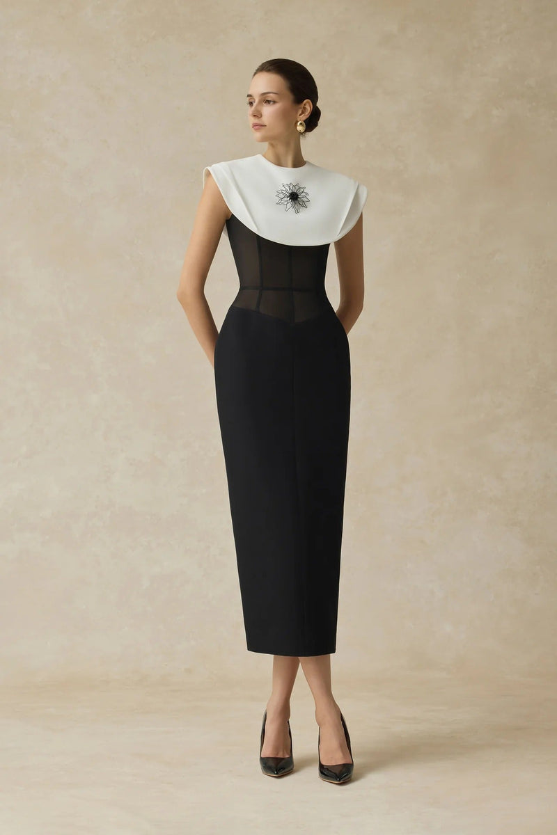 bernice black sleeveless Midi Dress With White Cape