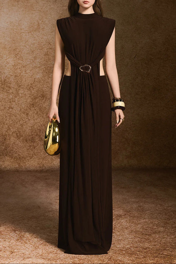 damla Sheath Open Back Spandex Maxi Dress in dark brown