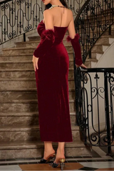 poppy Velvet Strapless slit Midi Dress in wine
