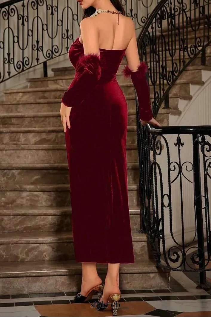 poppy Velvet Strapless slit Midi Dress in wine