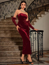 poppy Velvet Strapless slit Midi Dress in wine