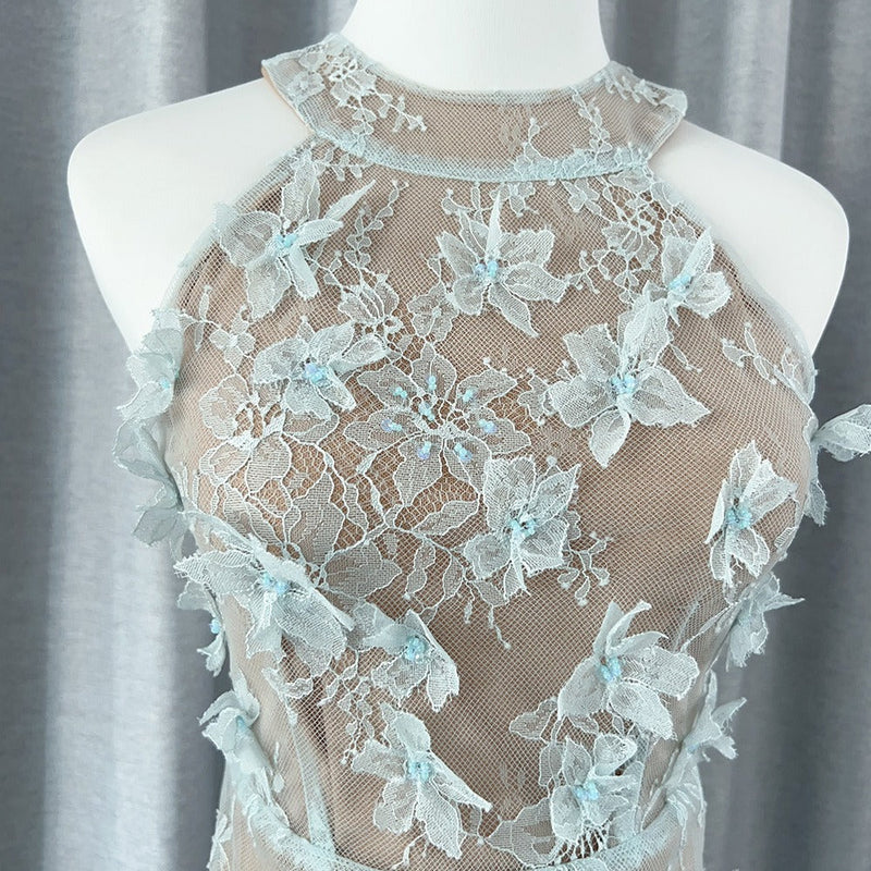 Floral Lace Mini Dress In blue