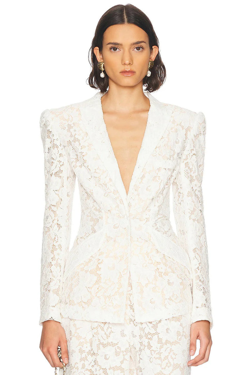 elvira v-neck Lace Blazer set in white