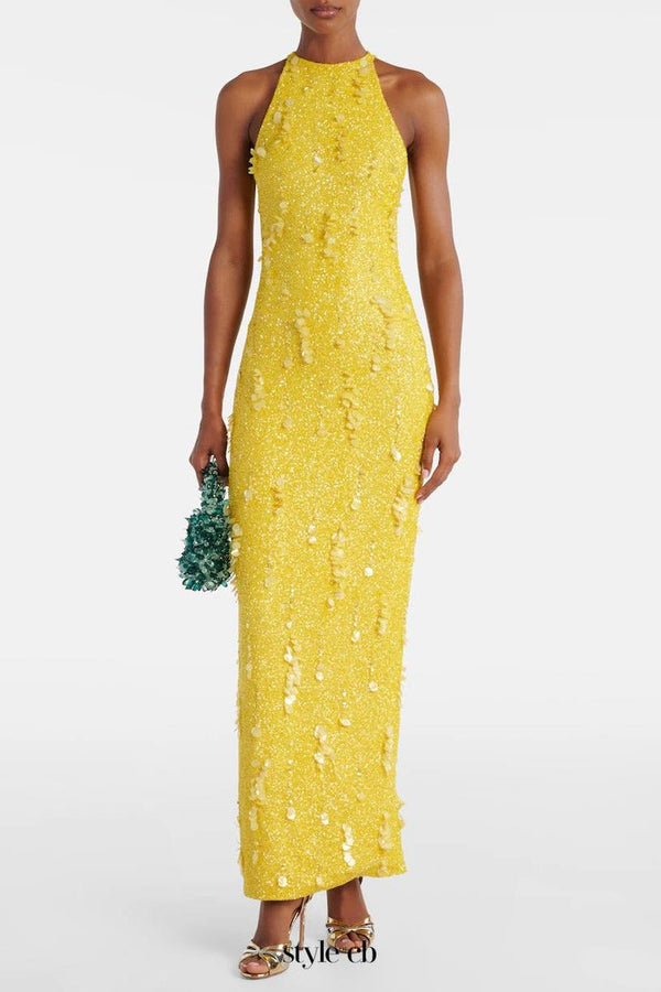 kelly beaded sequined sleeveless maxi dress in yellow
