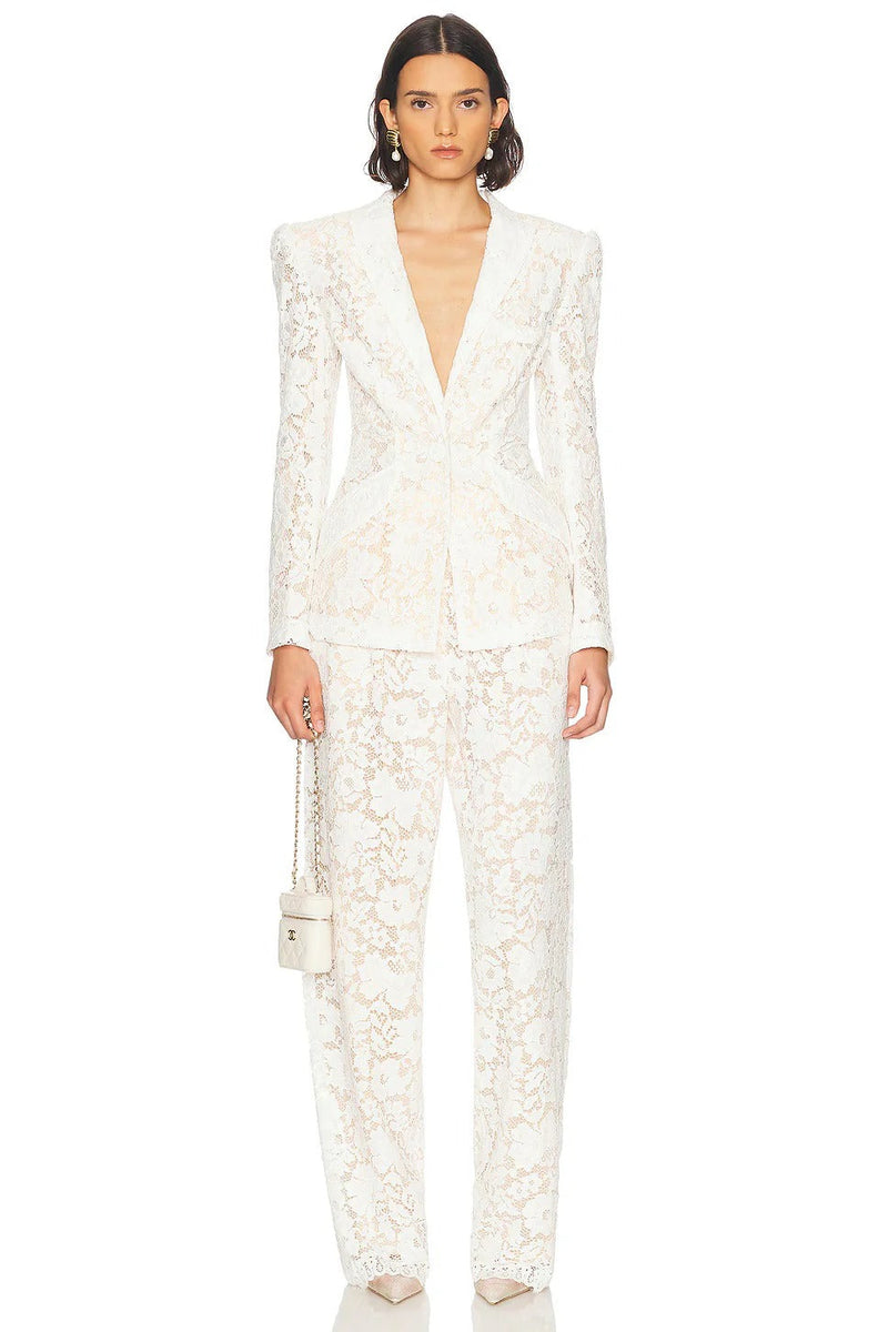 elvira v-neck Lace Blazer set in white