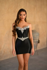 rita Rhinestone Bodycon strapless Bandage mini dress in black