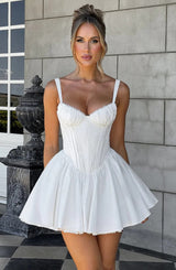 lace ruffle trim corset mini dress in white