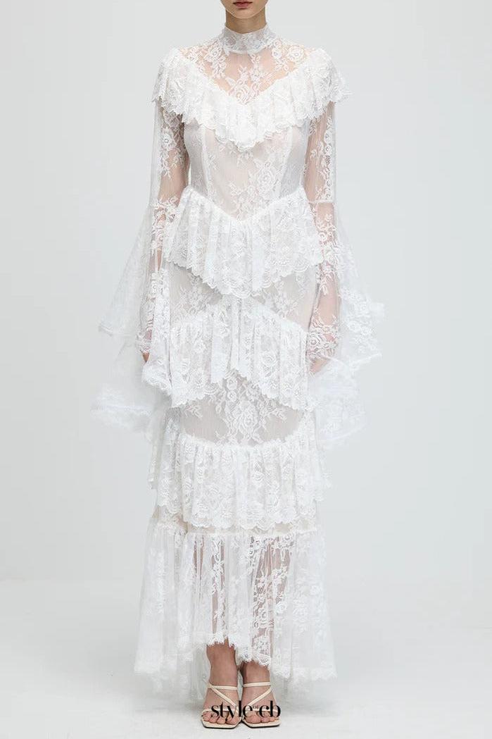 sylvia Sheer lace trumpet sleeve maxi dress in white