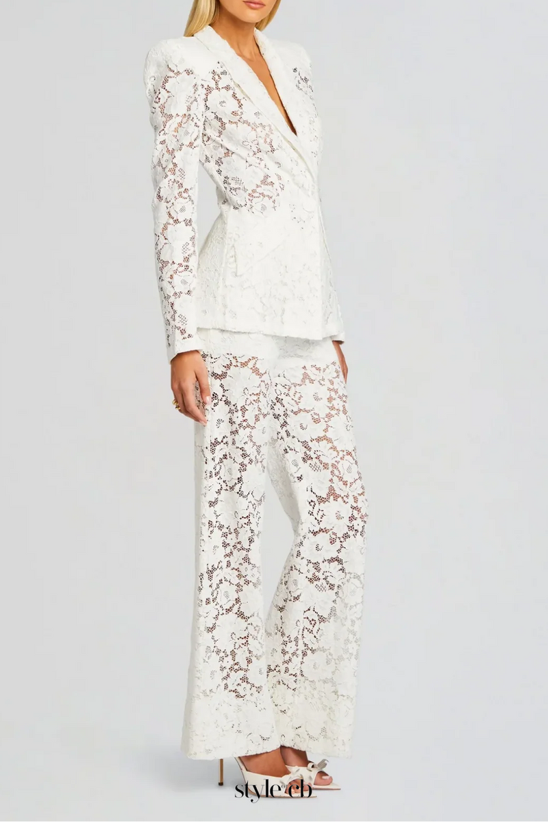 elvira v-neck Lace Blazer set in white
