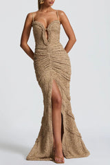 slit pleated bodycon maxi dress in ivory
