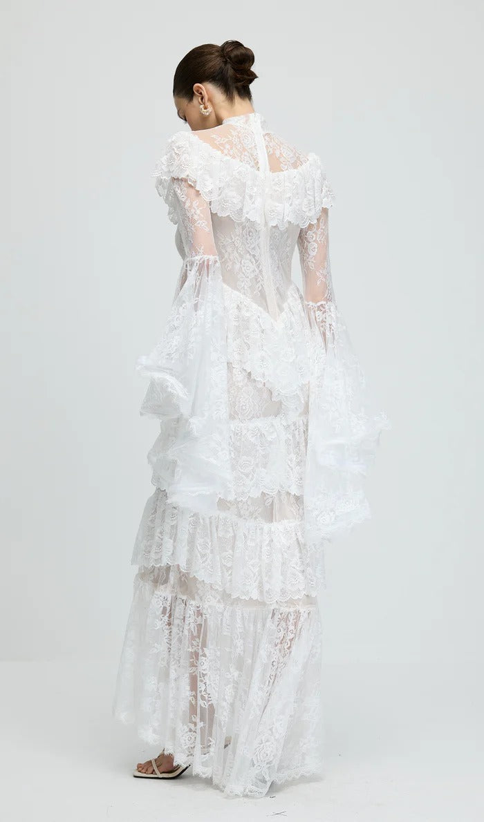 sylvia Sheer lace trumpet sleeve maxi dress in white