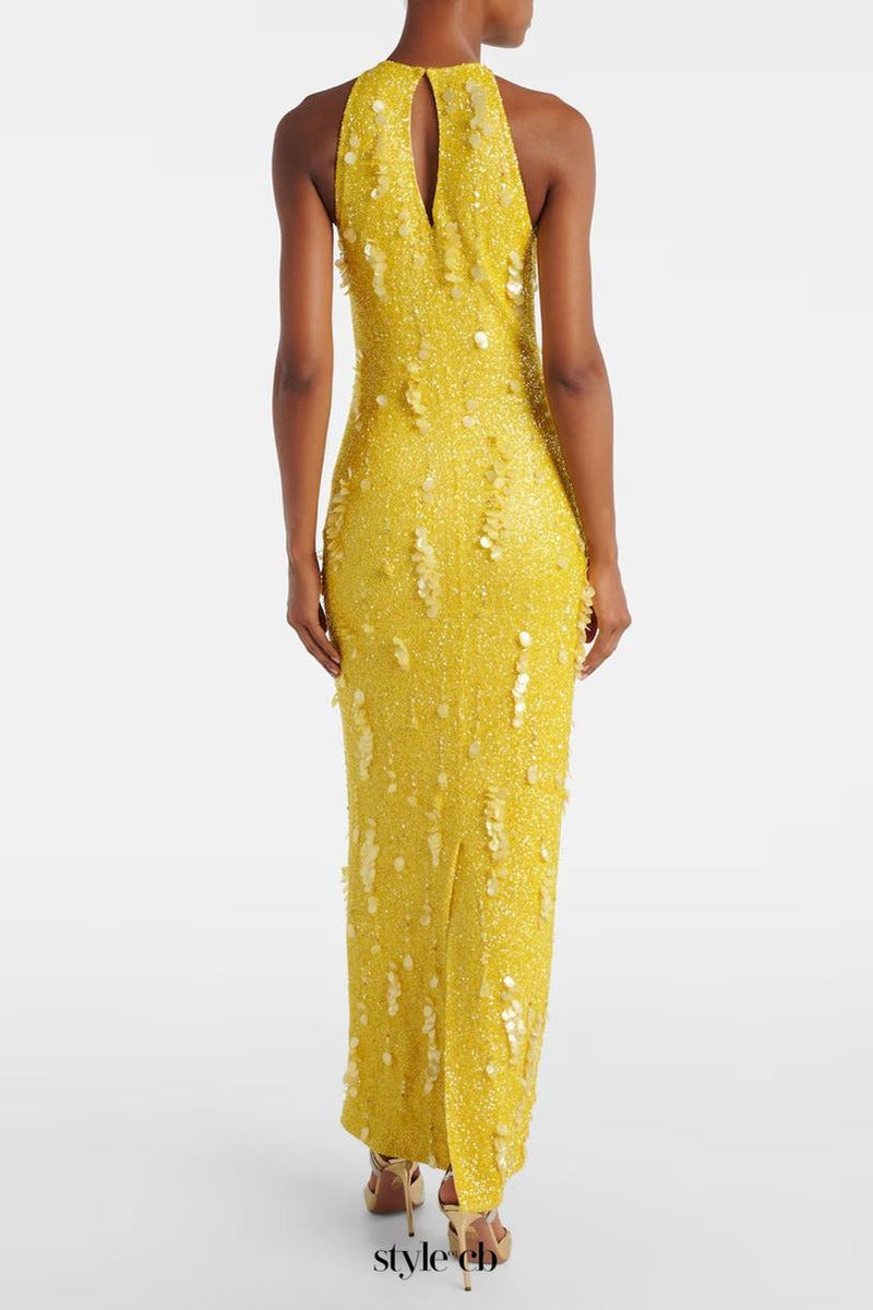 kelly beaded sequined sleeveless maxi dress in yellow