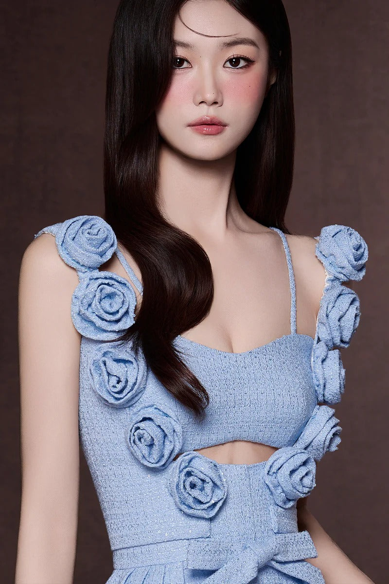 chaya Pastel Blue 3d flower Ribbon Mini Dress