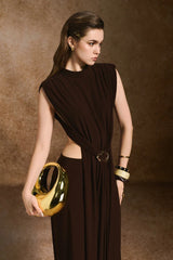 damla Sheath Open Back Spandex Maxi Dress in dark brown