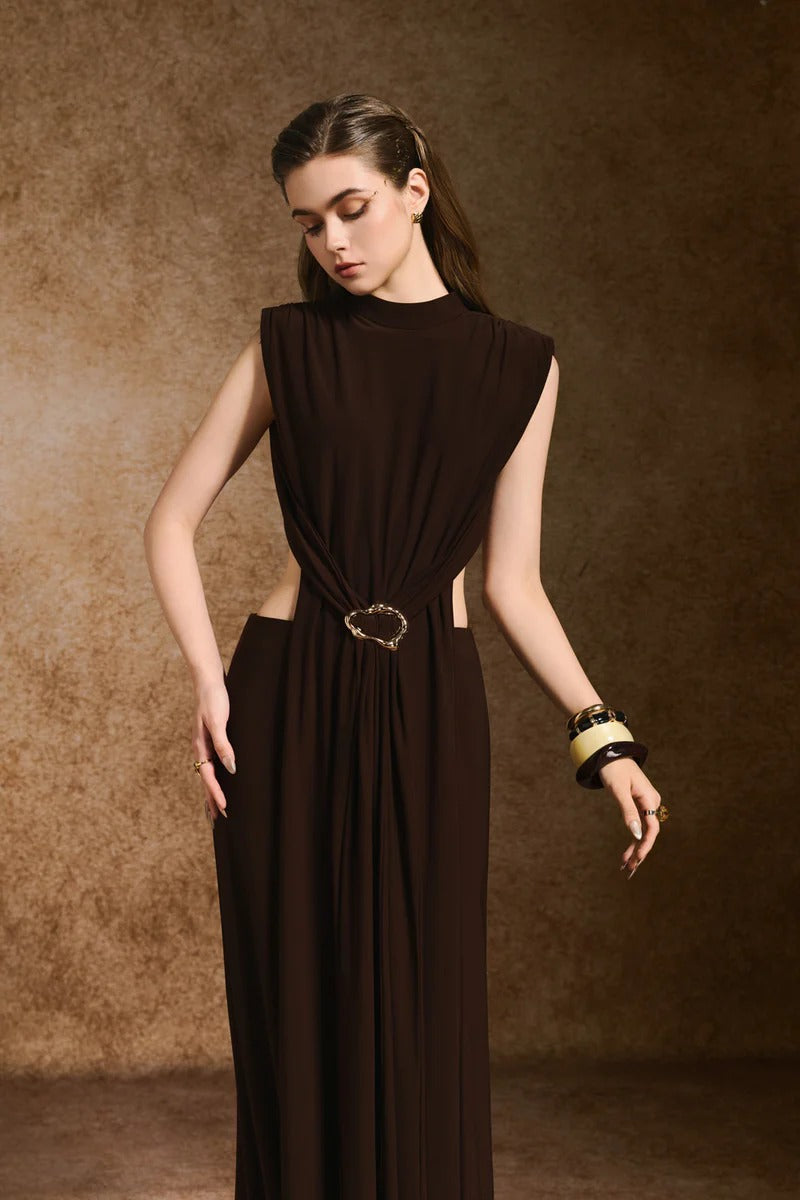 damla Sheath Open Back Spandex Maxi Dress in dark brown