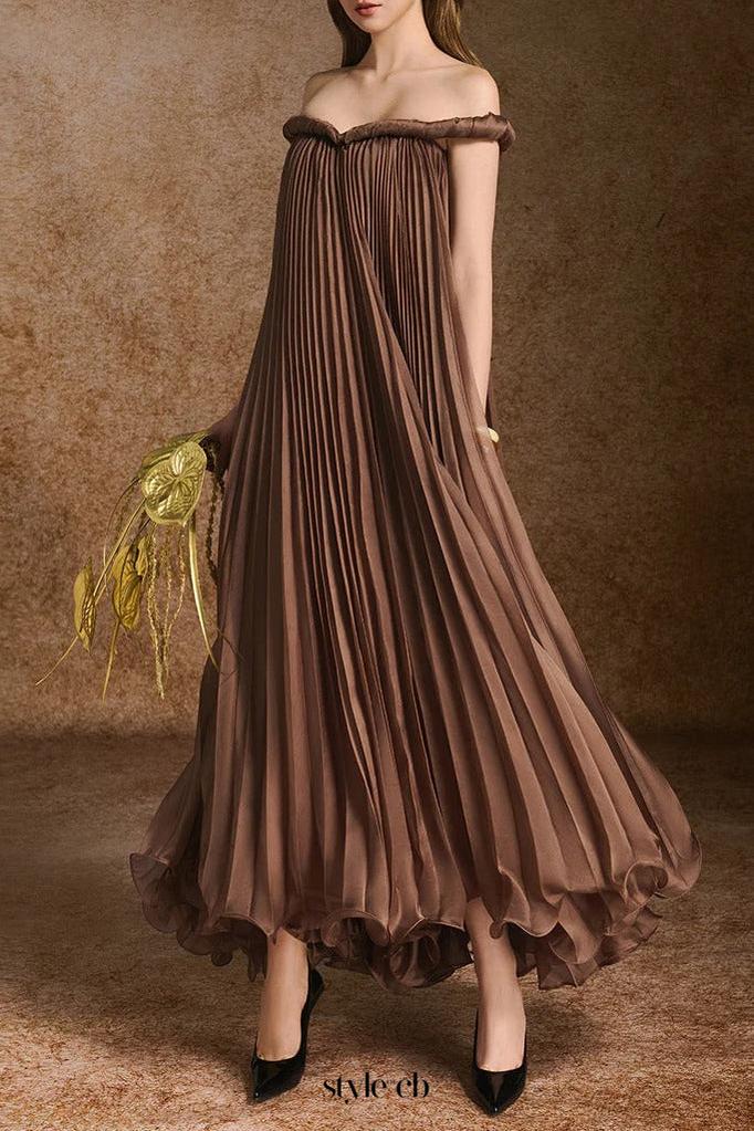 donna A-line Off-Shoulder Silk Organza Maxi Dress in brown
