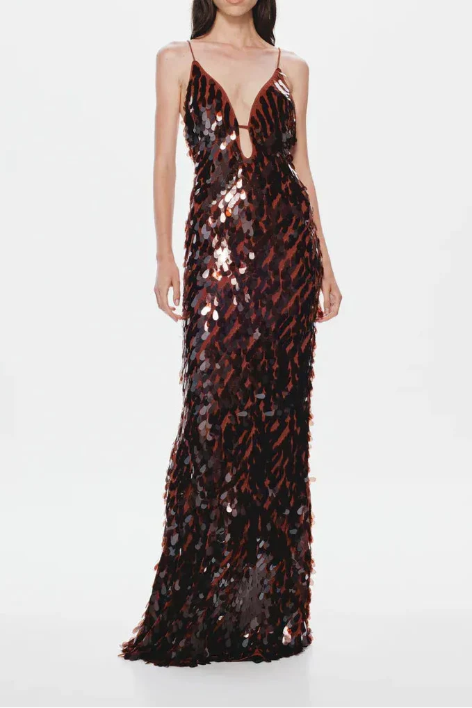 The Sequin Maxi Dress in Brown