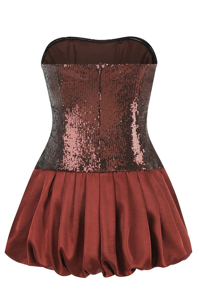 Strapless Sequin Bubble Mini Dress in brown