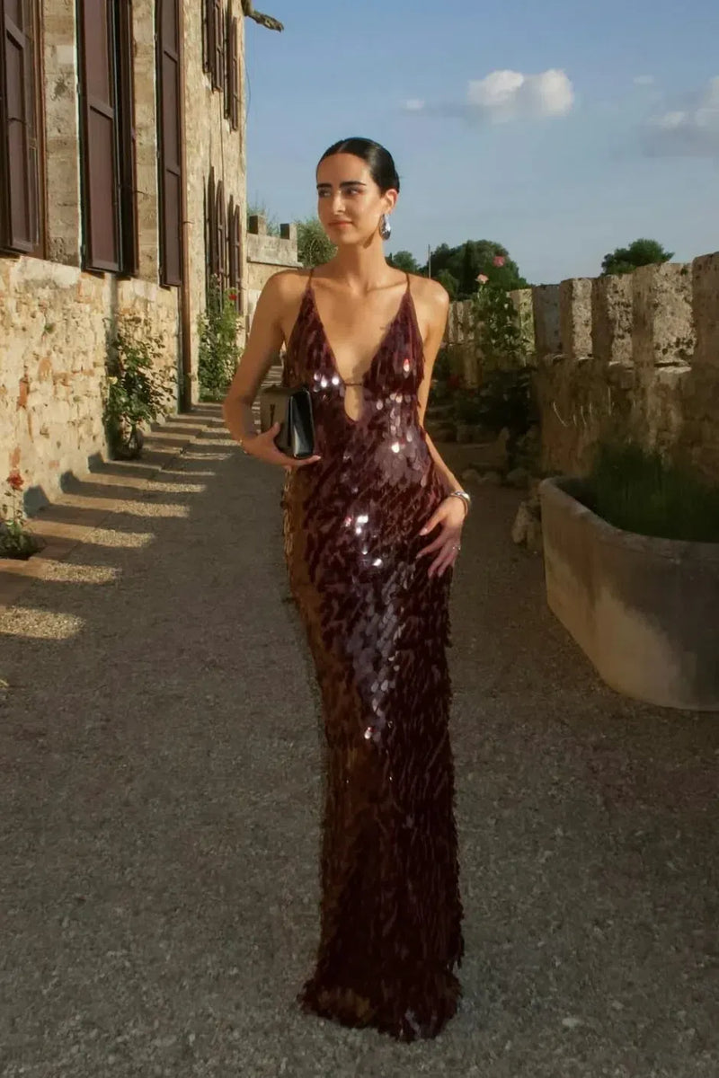 The Sequin Maxi Dress in Brown