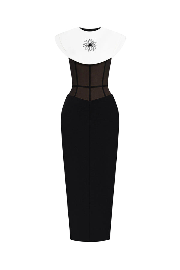 bernice black sleeveless Midi Dress With White Cape