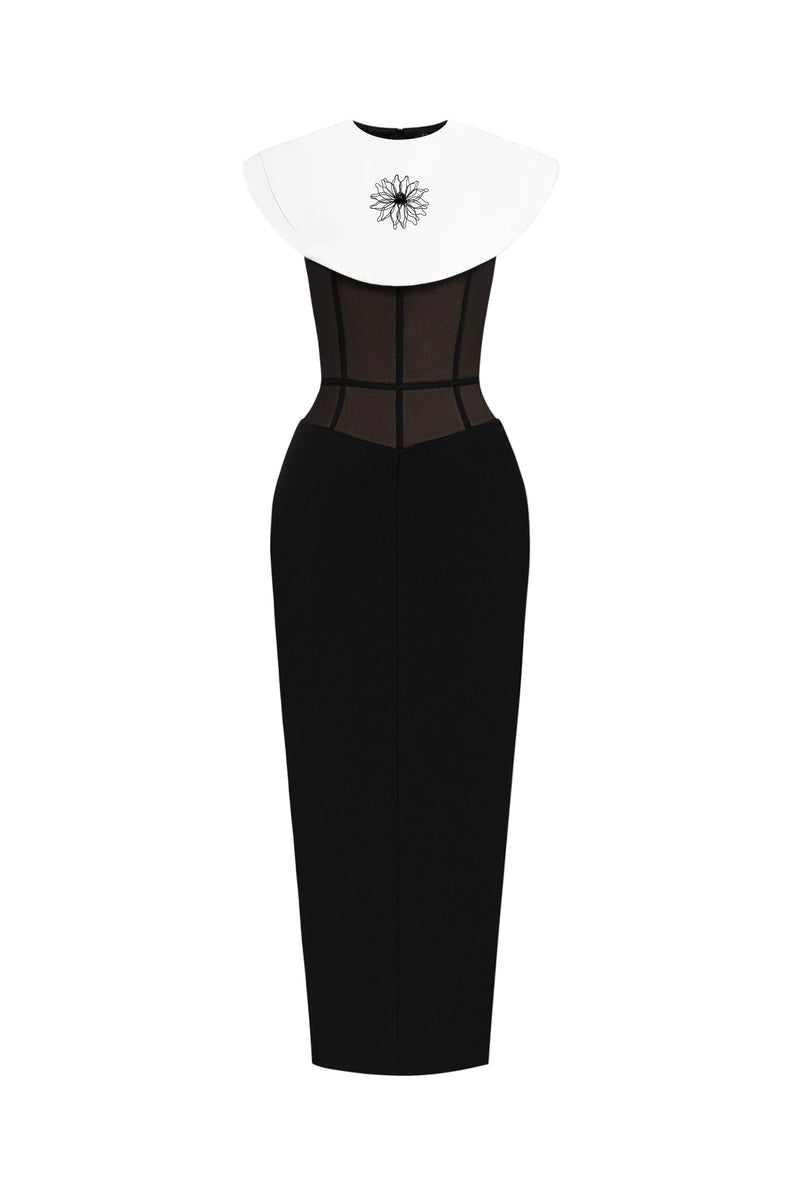bernice black sleeveless Midi Dress With White Cape