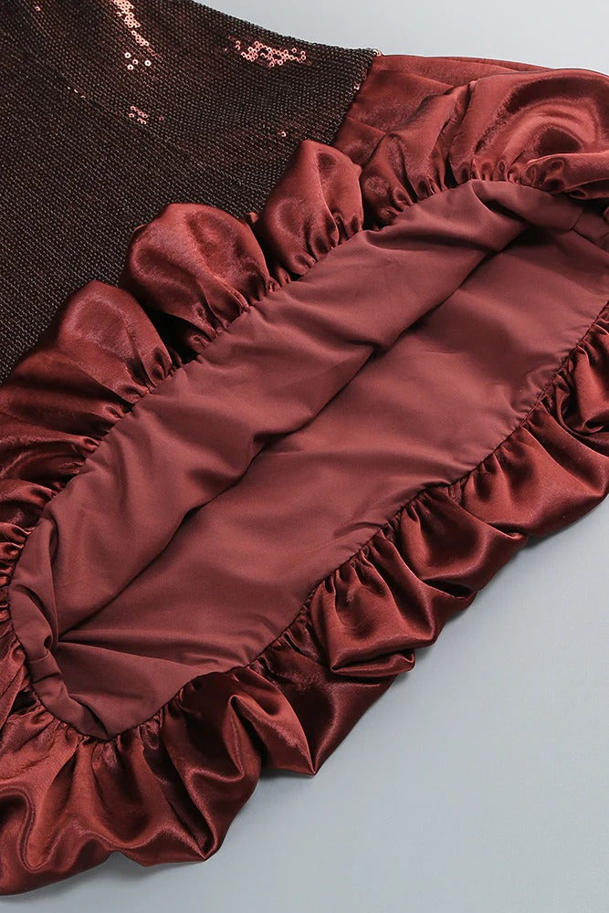 Strapless Sequin Bubble Mini Dress in brown