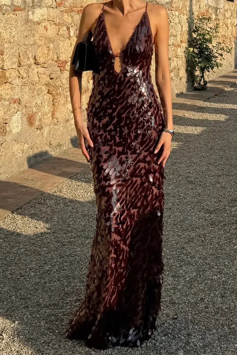 The Sequin Maxi Dress in Brown