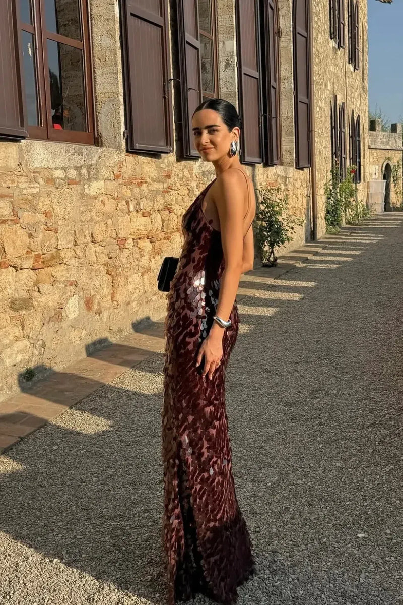 The Sequin Maxi Dress in Brown