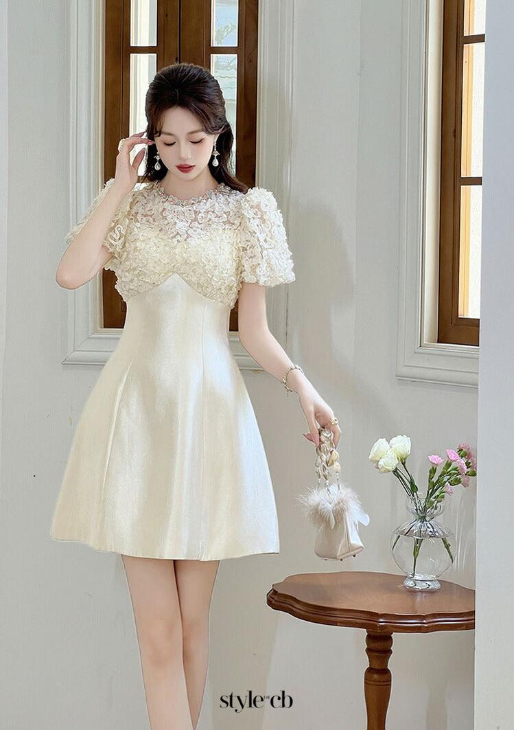 Floral Lace Puff Sleeve A-Line mini Dress in apricot