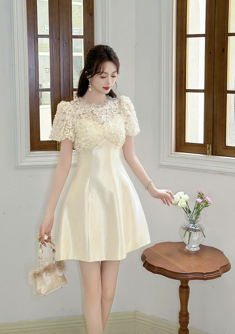 Floral Lace Puff Sleeve A-Line mini Dress in apricot