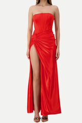 pleated strapless high slit maxi dress in red