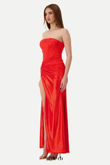 pleated strapless high slit maxi dress in red
