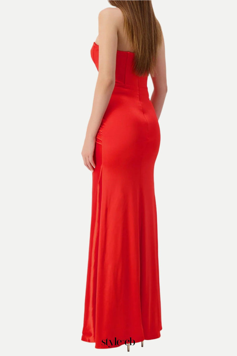 pleated strapless high slit maxi dress in red