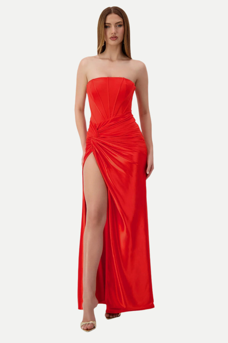 pleated strapless high slit maxi dress in red