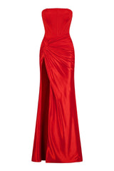 pleated strapless high slit maxi dress in red
