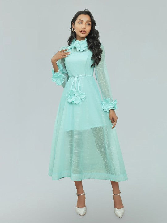 vicky flower embellished lace midi dress in green