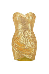 hedwig sequin pleated strapless mini dress in gold