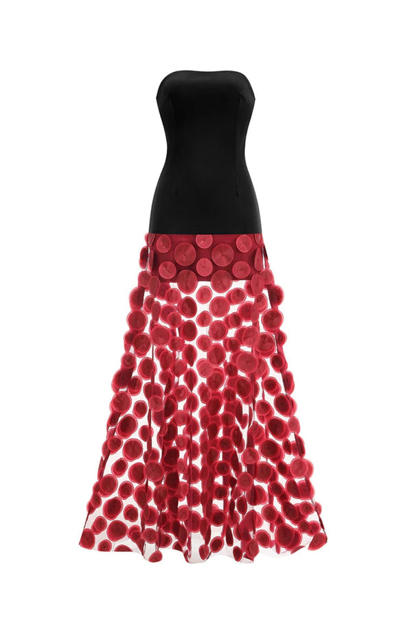 Nodin Strapless Dot Mesh Maxi Dress in red