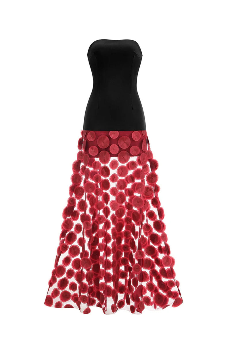 Nodin Strapless Dot Mesh Maxi Dress in red