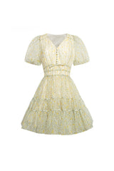 Printed V-neck tutu mini dress in Daisy Yellow
