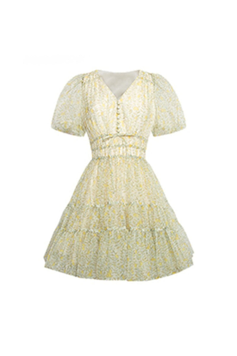 Printed V-neck tutu mini dress in Daisy Yellow