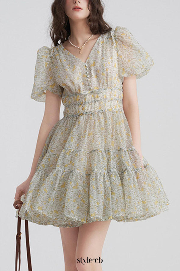 Printed V-neck tutu mini dress in Daisy Yellow