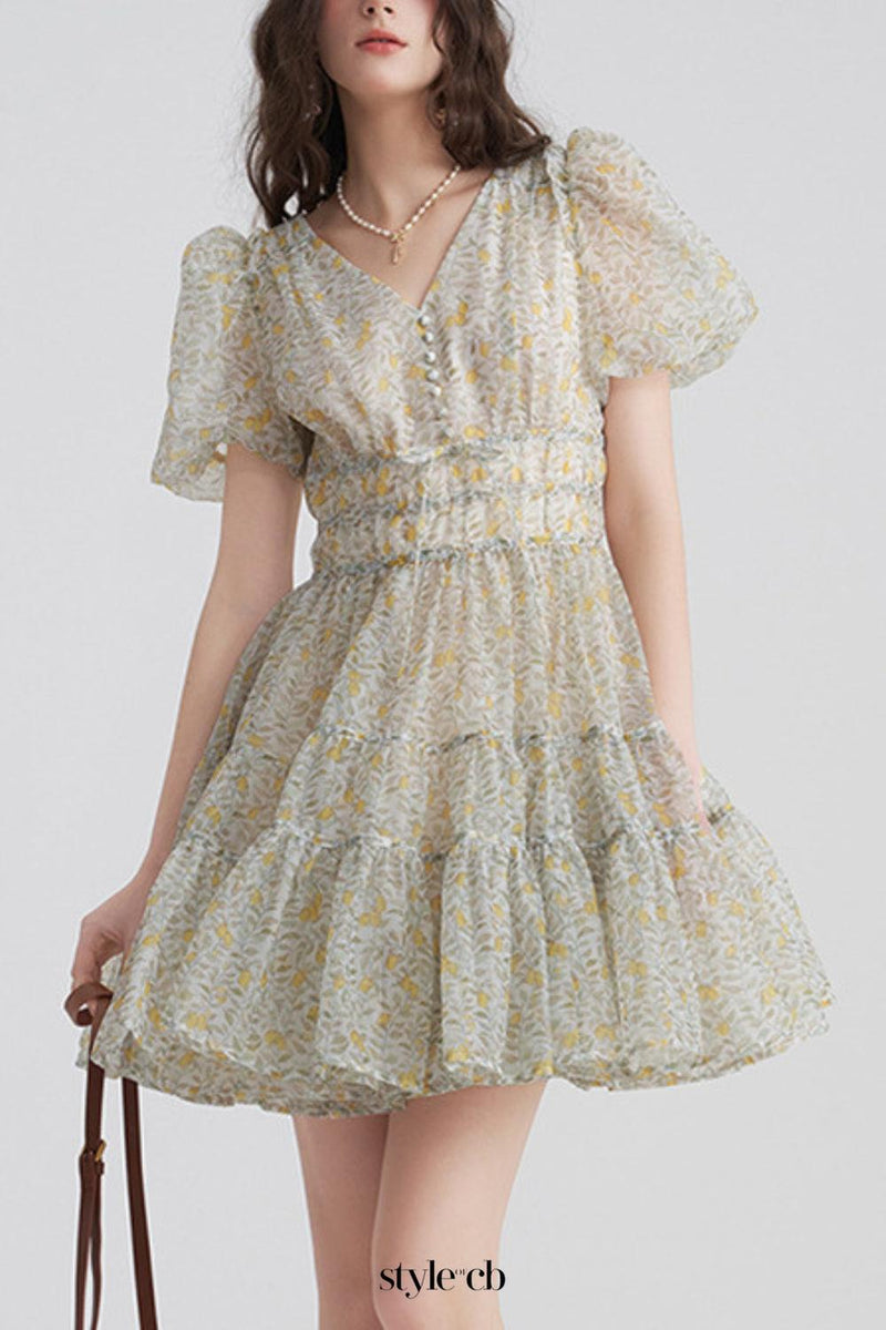 Printed V-neck tutu mini dress in Daisy Yellow