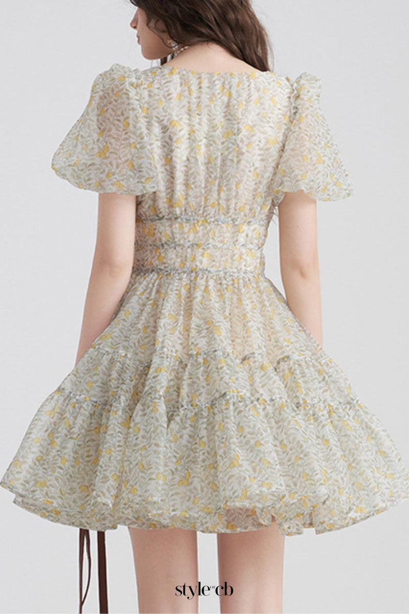 Printed V-neck tutu mini dress in Daisy Yellow